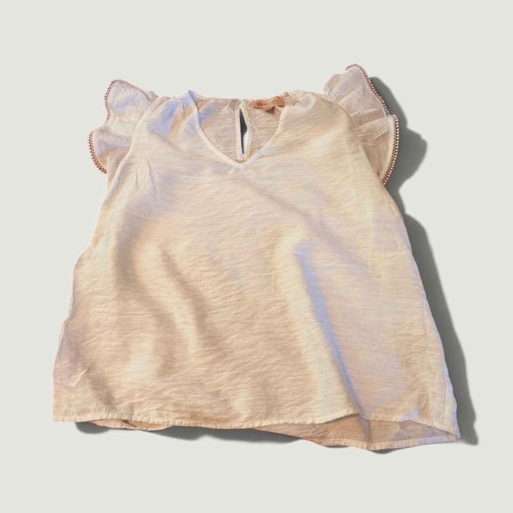 Philosophy Republic Clothing White Flutter Sleeve Pom Pom Trim V-Neck Top Medium